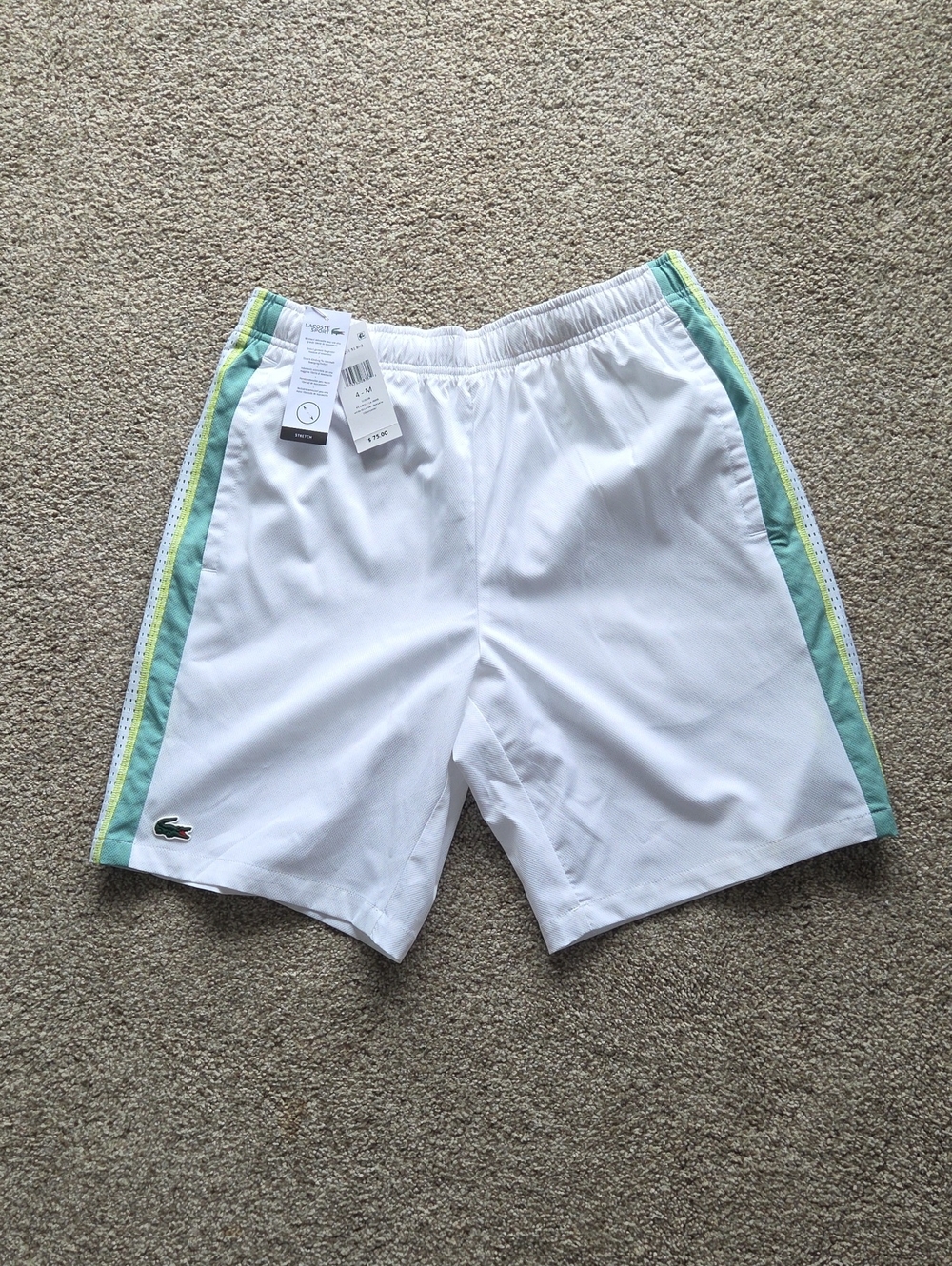 Lacoste White Athletic Shorts with Green and Yellow Side Stripes